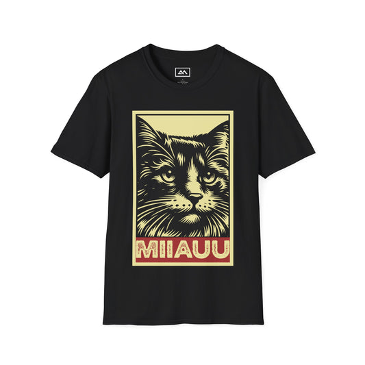 MIIAUUU cat tee — front view flat lay, black cat graphic Puerto Rico boricua streetwear.