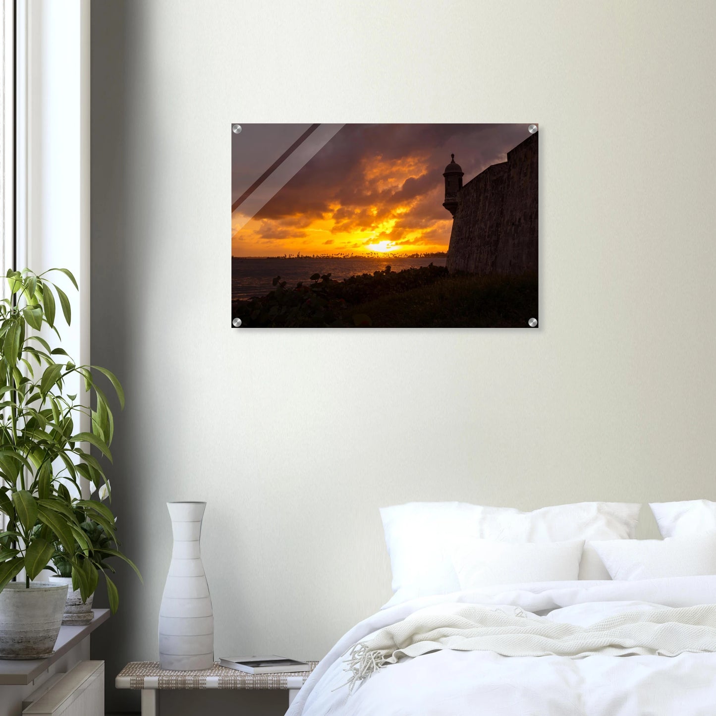 Fiery Sunset at la Garita print — hallway mockup, Viejo San Juan storm sunset fine art Puerto Rico.