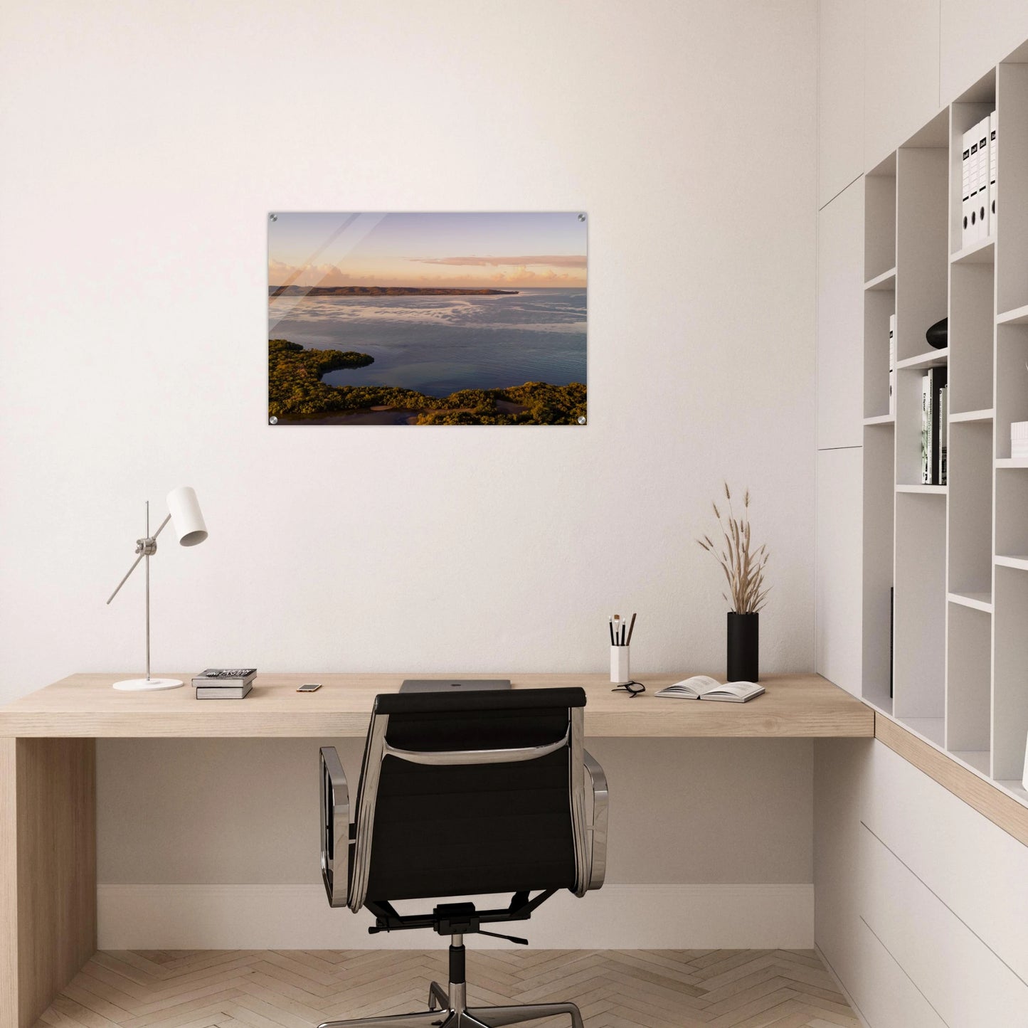 Still Waters fine art print — gallery wall mockup, aerial dawn Cabo Rojo wetlands Puerto Rico.