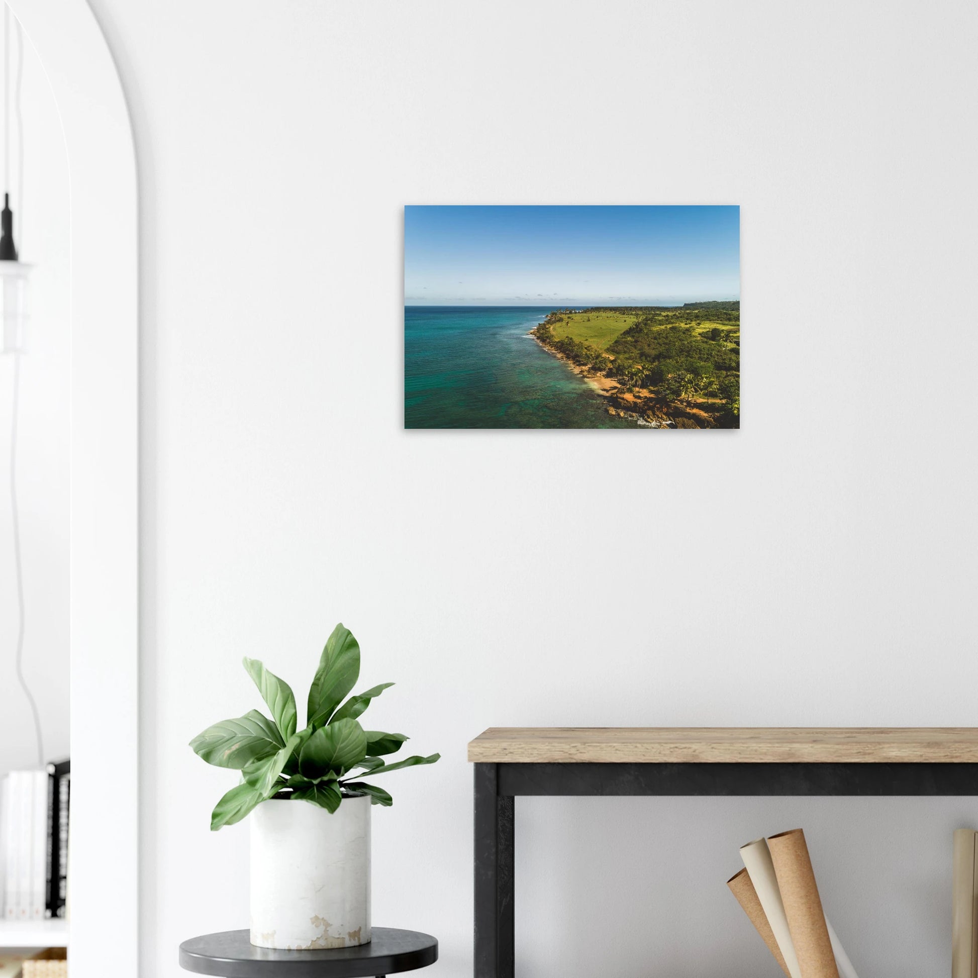 Peña Blanca aerial print — closeup detail of turquoise water and tropical cliffs Aguadilla Puerto Rico.