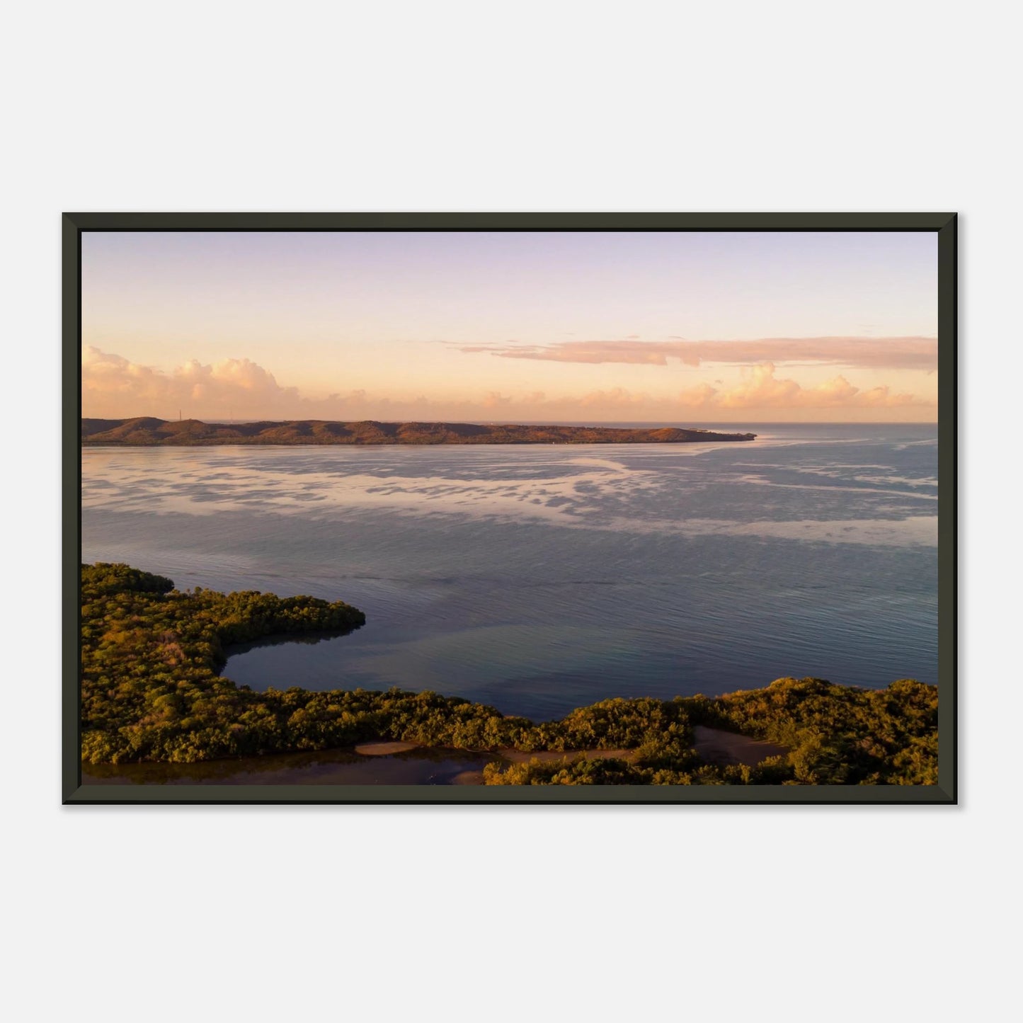 Still Waters Cabo Rojo — Acrylic Print mockup, gallery depth, dawn mangroves Puerto Rico.