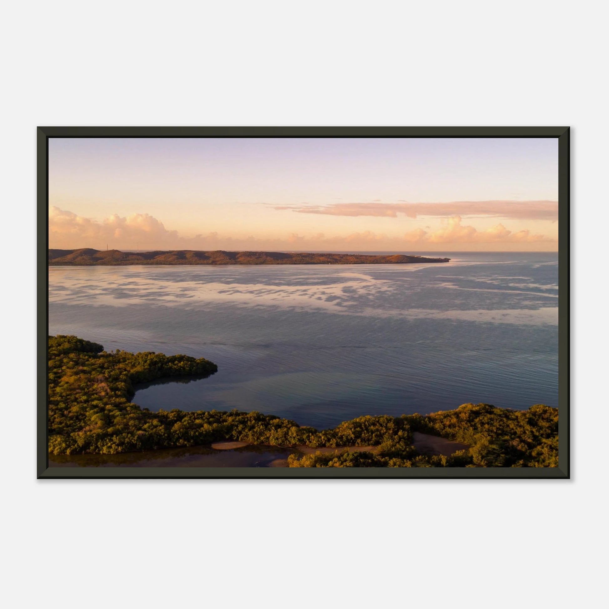 Still Waters Cabo Rojo — Acrylic Print mockup, gallery depth, dawn mangroves Puerto Rico.