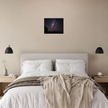 Esencia fine art print — dark interior wall mockup, Milky Way galactic core Cabo Rojo Puerto Rico.