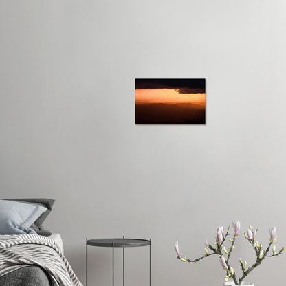 Where Maricao Meets the Sky — Aluminum Print mockup, modern interior wall, aerial sunset Maricao Puerto Rico.