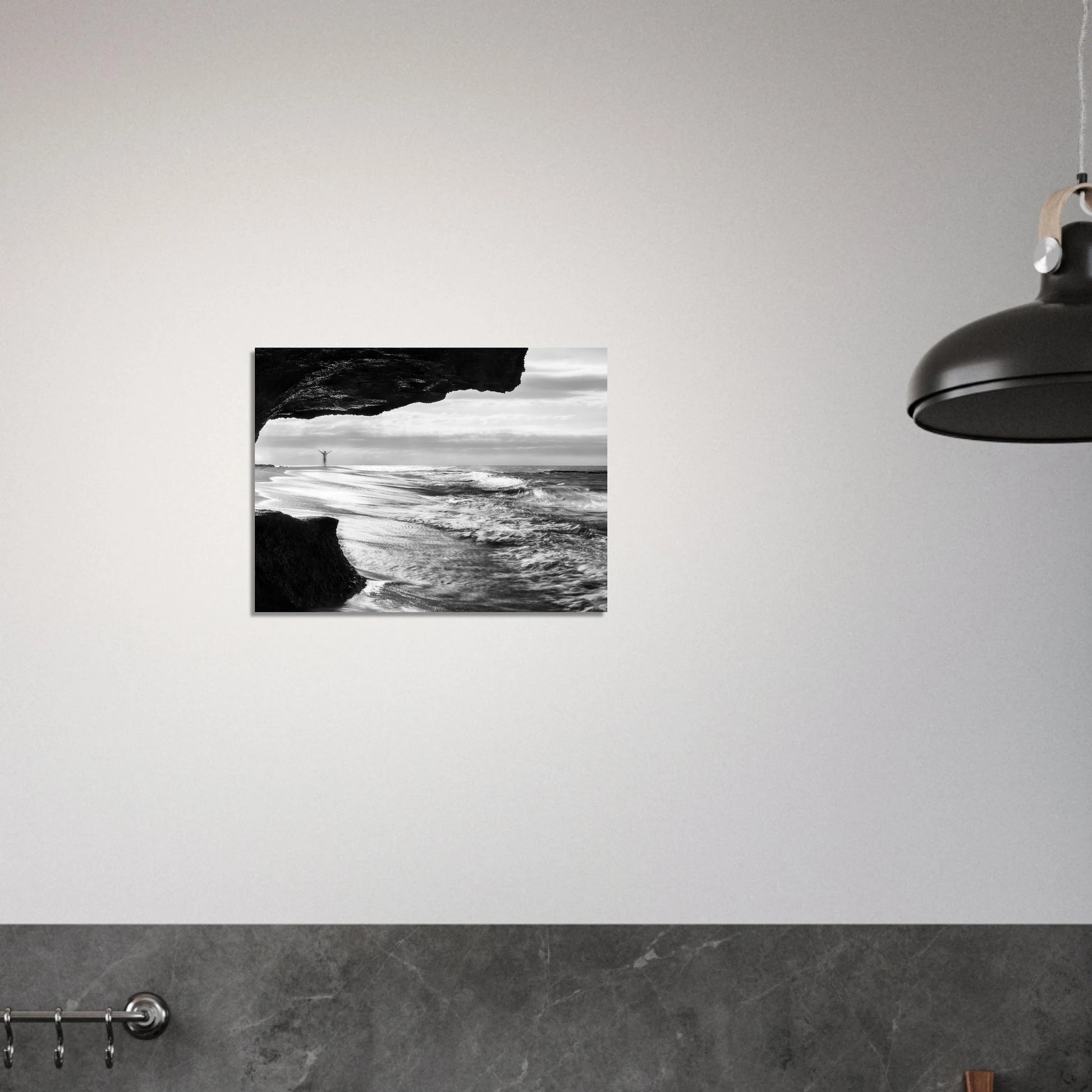 Libre black and white print — Acrylic Print mockup, gallery glow, long exposure sea cave Puerto Rico.