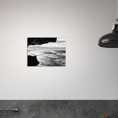 Libre black and white print — Acrylic Print mockup, gallery glow, long exposure sea cave Puerto Rico.