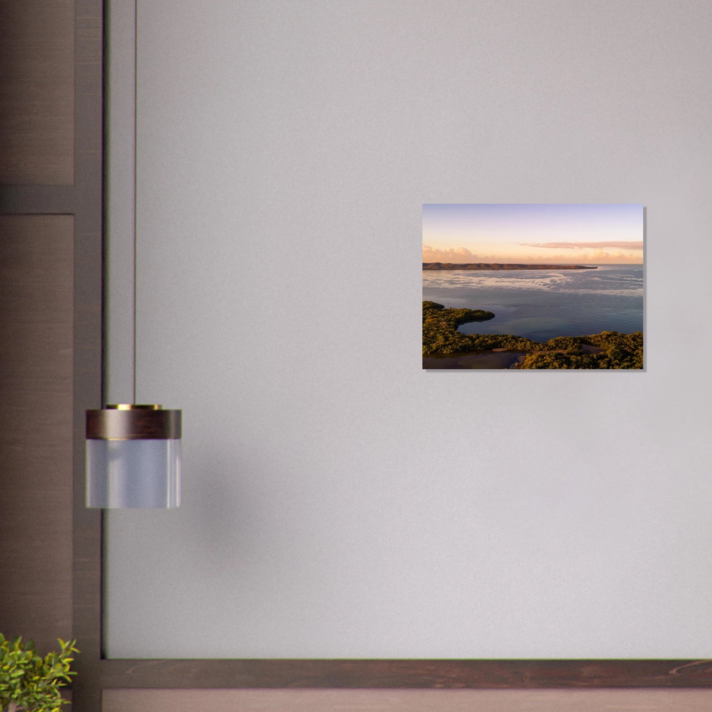 Still Waters aerial print — bedroom wall mockup, drone photography Cabo Rojo dawn Puerto Rico.