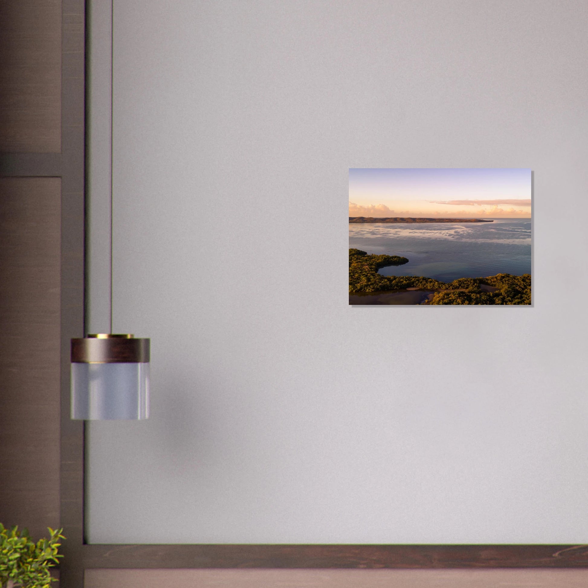Still Waters aerial print — bedroom wall mockup, drone photography Cabo Rojo dawn Puerto Rico.