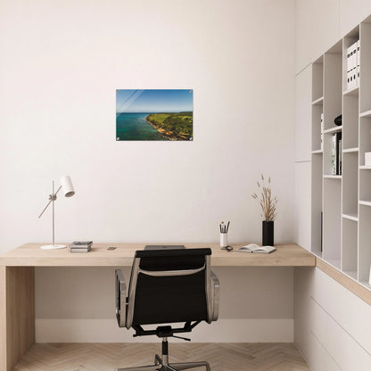 Peña Blanca aerial print — hallway vertical mockup, turquoise Caribbean cliffs Aguadilla PR.