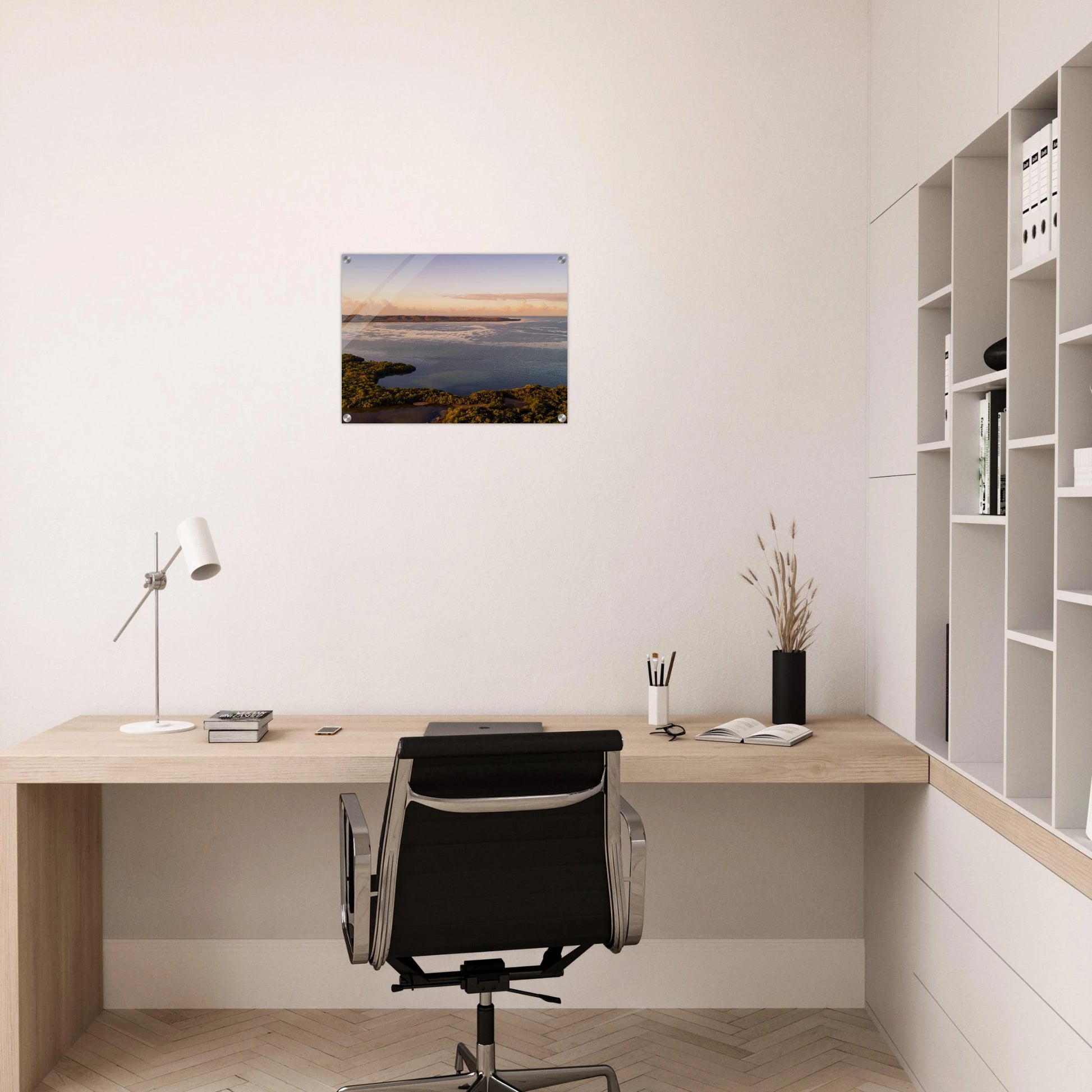 Still Waters print — dark interior wall mockup, aerial drone Cabo Rojo mangroves Puerto Rico.