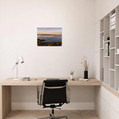 Still Waters print — dark interior wall mockup, aerial drone Cabo Rojo mangroves Puerto Rico.