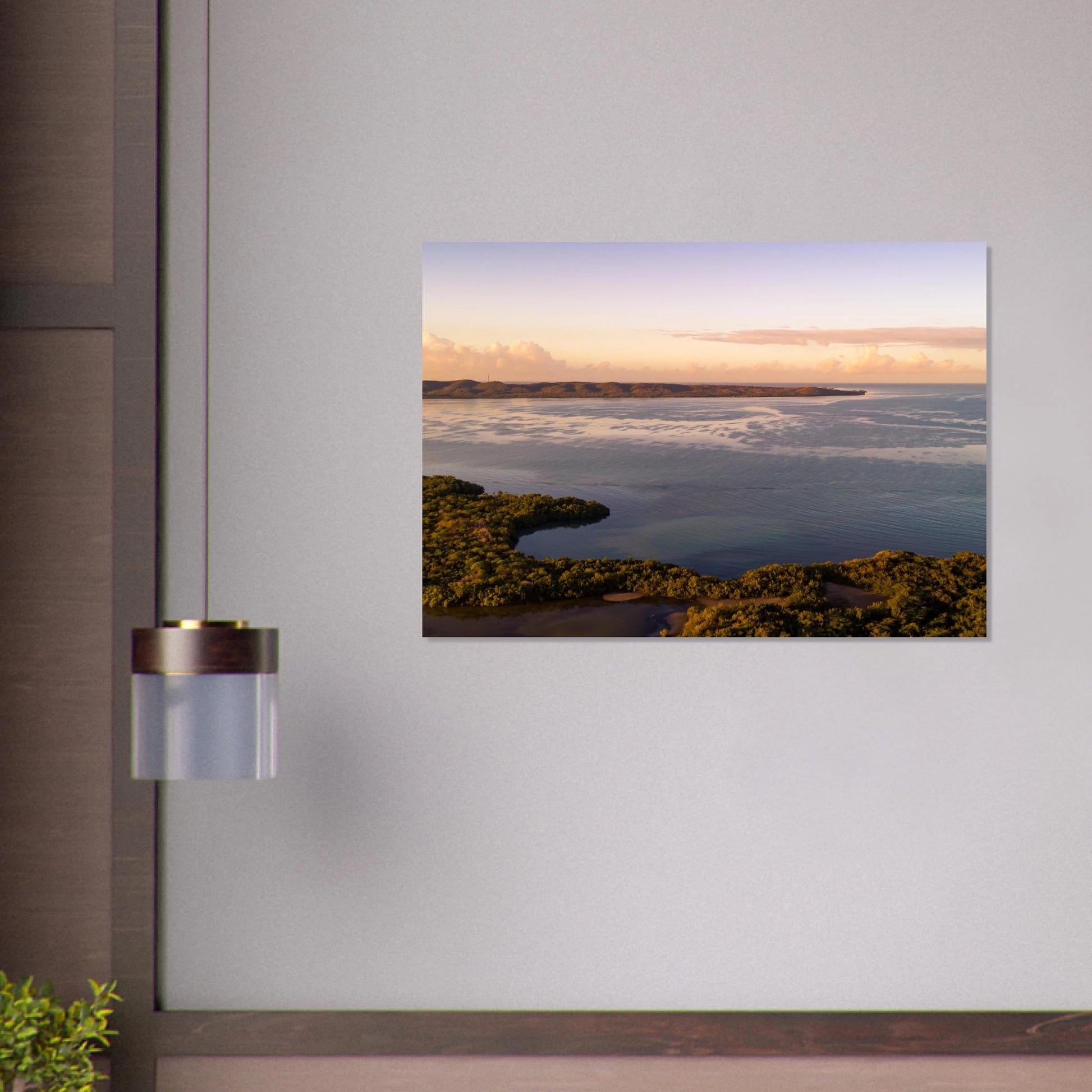 Still Waters Cabo Rojo print — Fine Art Poster mockup, wall display, aerial mangroves dawn Puerto Rico.