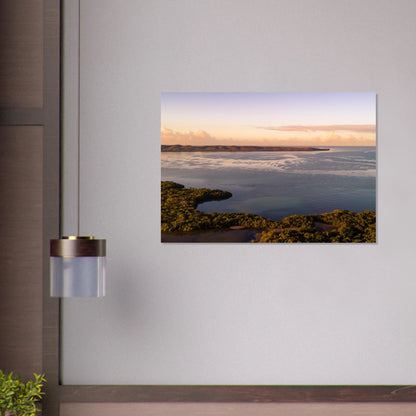 Still Waters Cabo Rojo print — Fine Art Poster mockup, wall display, aerial mangroves dawn Puerto Rico.