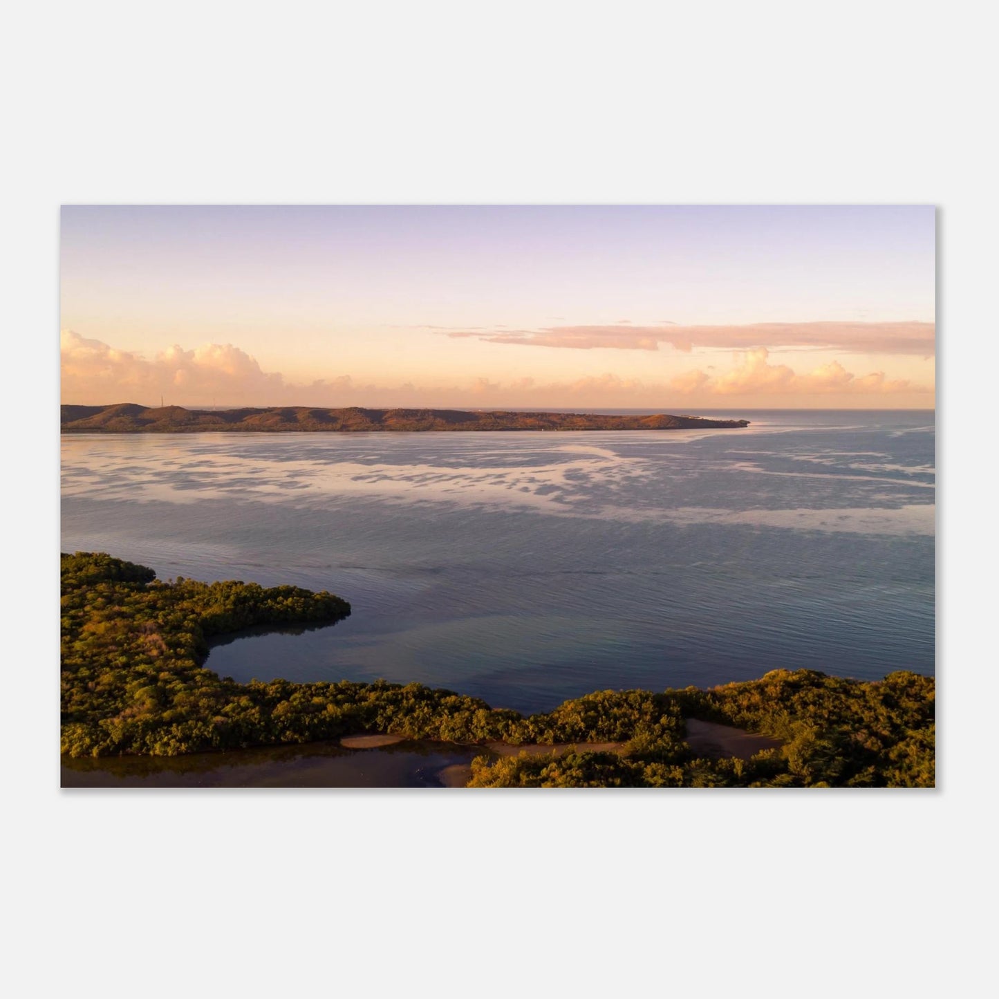 Still Waters aerial print — Aluminum Print mockup, modern interior wall, Cabo Rojo wetlands Puerto Rico.