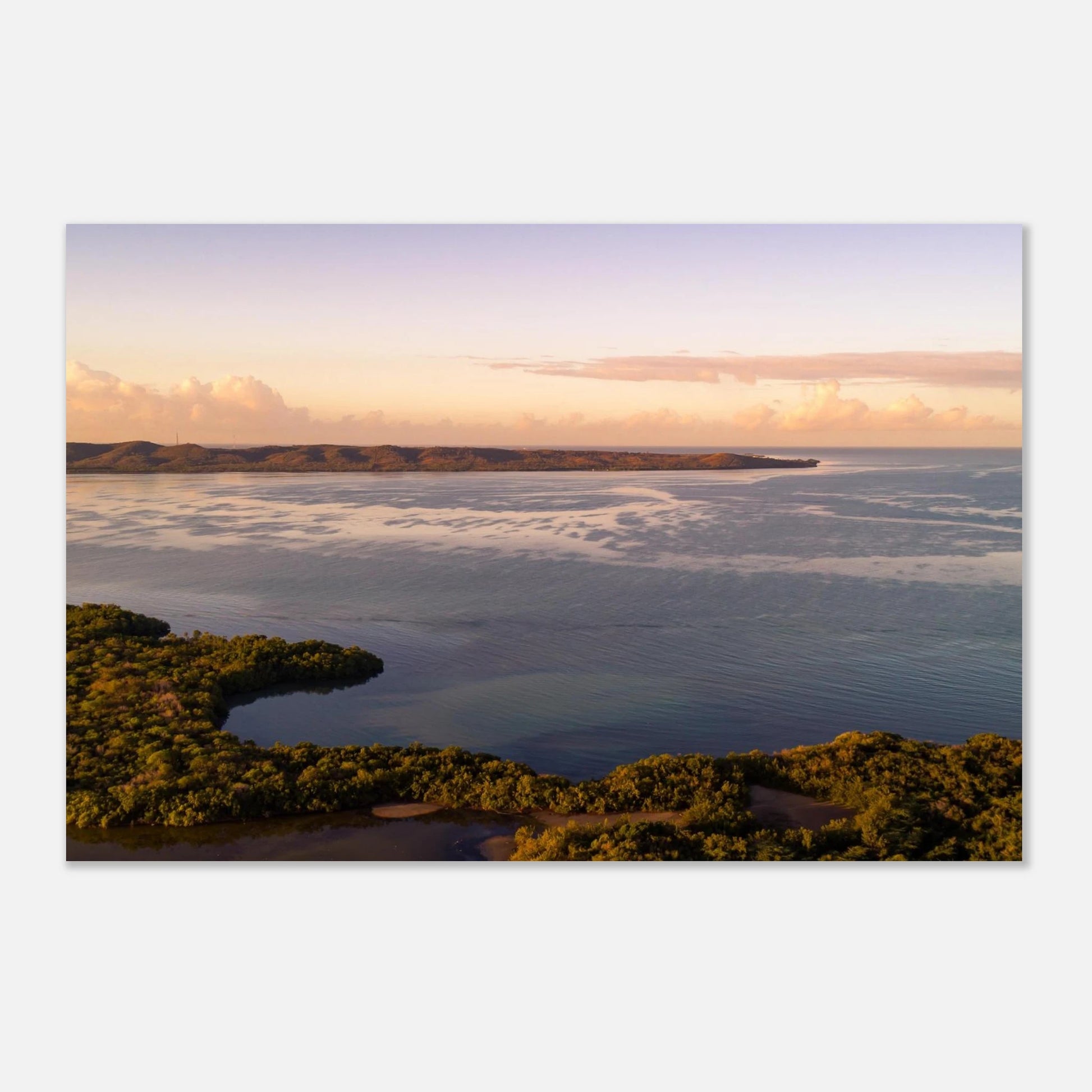 Still Waters aerial print — Aluminum Print mockup, modern interior wall, Cabo Rojo wetlands Puerto Rico.