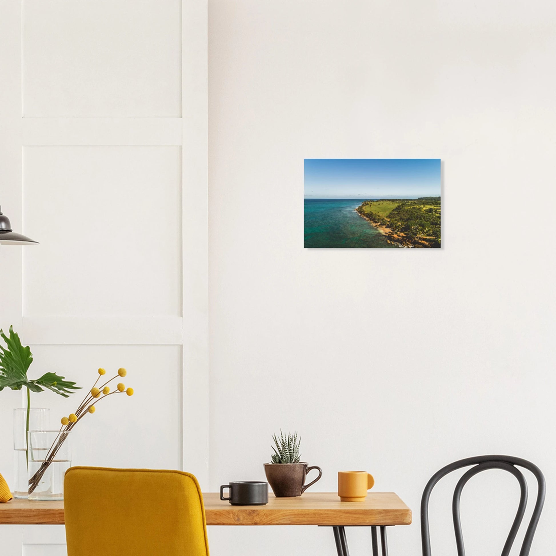 Peña Blanca Aguadilla print — Framed Poster mockup, ready to hang, aerial drone Caribbean coast PR.