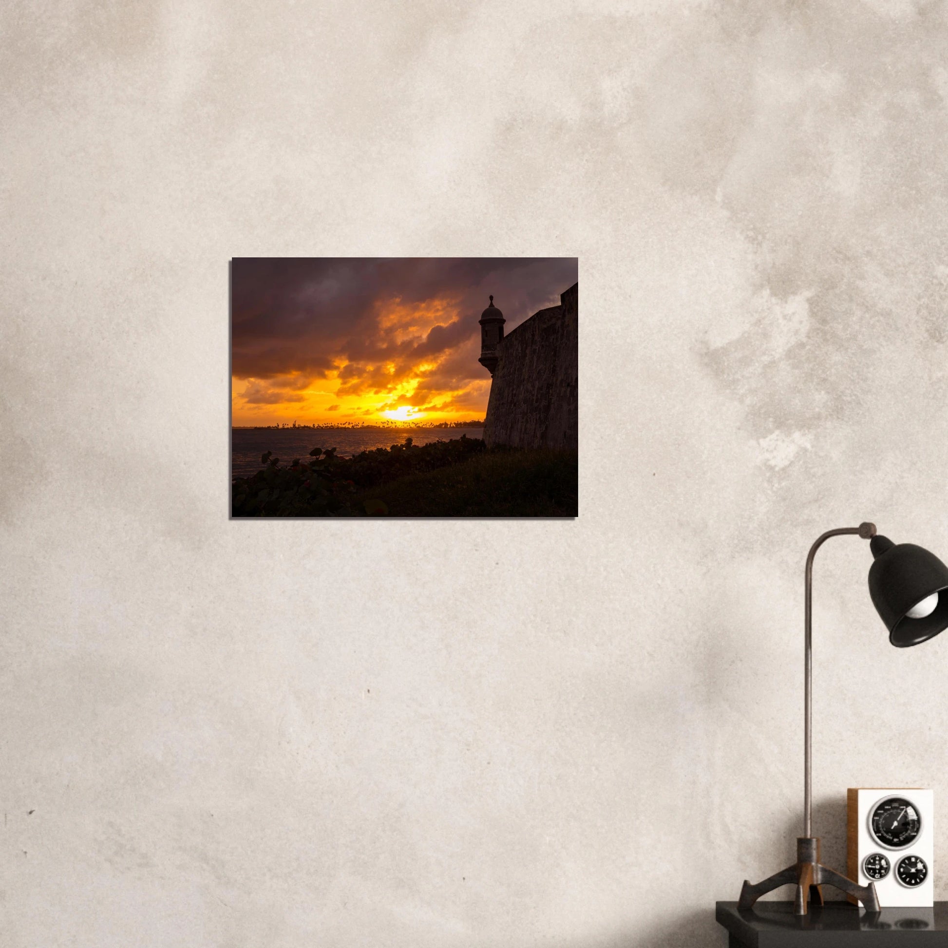 Fiery Sunset at la Garita — Framed Poster mockup, ready to hang, Viejo San Juan storm sunset.