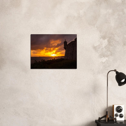 Fiery Sunset at la Garita — Framed Poster mockup, ready to hang, Viejo San Juan storm sunset.