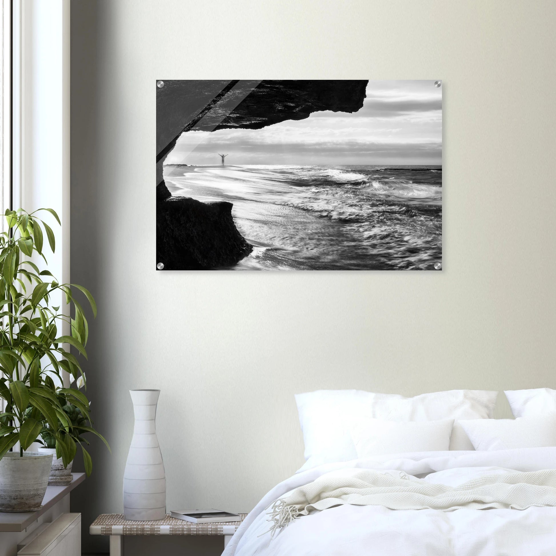 Libre fine art print — dark interior wall mockup, black and white sea cave Aguadilla Puerto Rico.