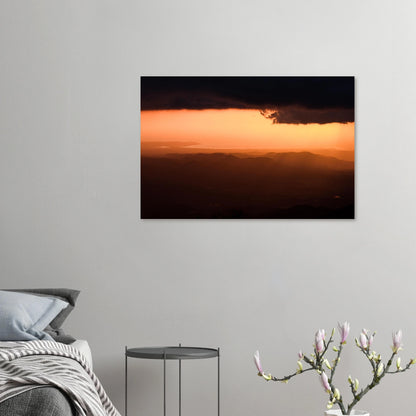 Where Maricao Meets the Sky print — hallway vertical mockup, sunset aerial Maricao Puerto Rico.