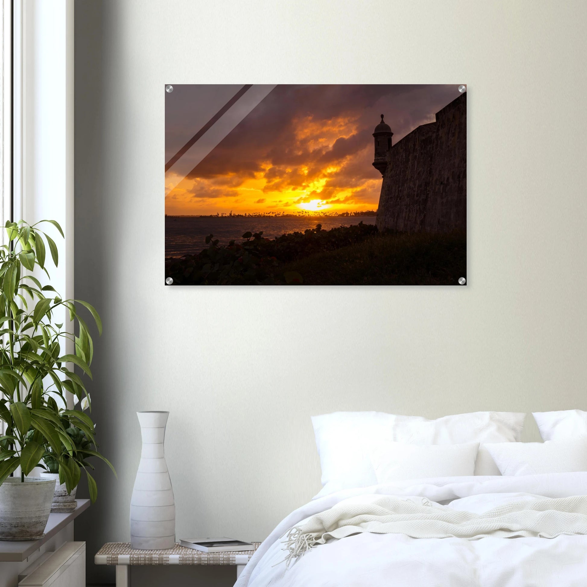 Fiery Sunset at la Garita print — dark interior wall mockup, storm sunset historic walls Puerto Rico.