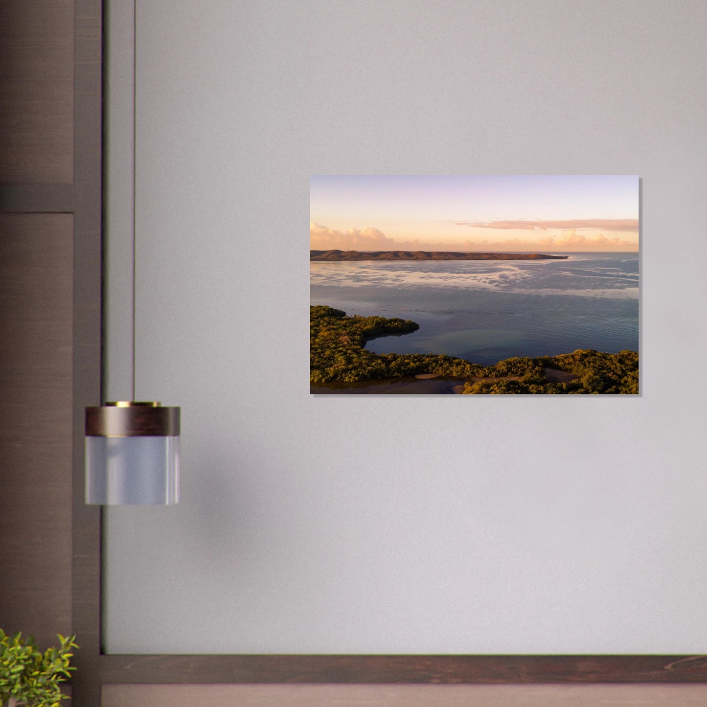 Still Waters fine art print — Framed Poster mockup, ready to hang, aerial drone dawn Cabo Rojo PR.