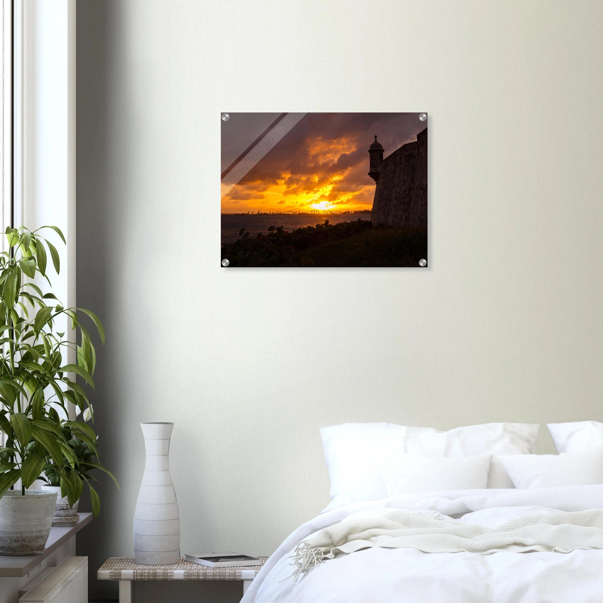 Fiery Sunset at la Garita — office wall mockup, garita sunset fine art print Old San Juan PR.