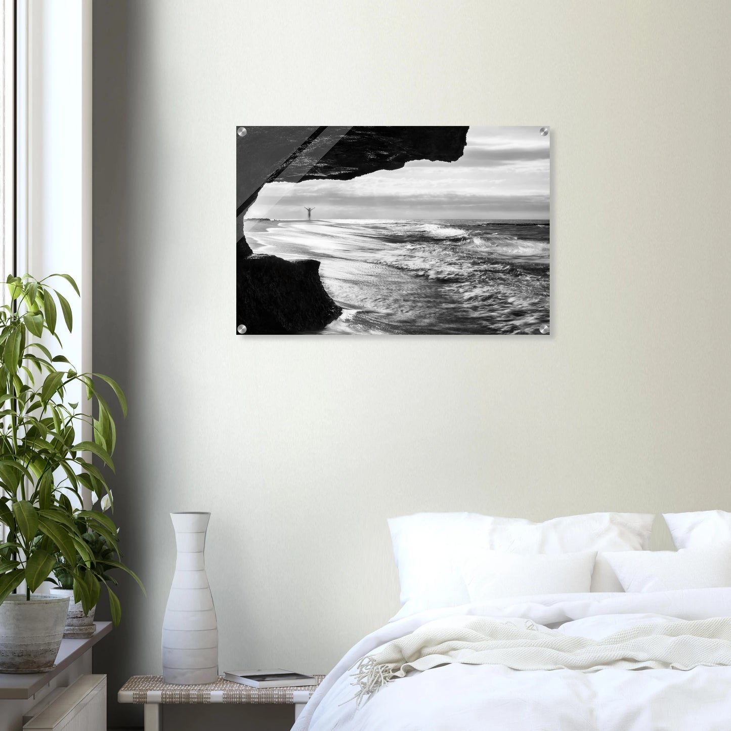 Libre long exposure print — living room sofa wall mockup, large format B&W Aguadilla sea cave PR.