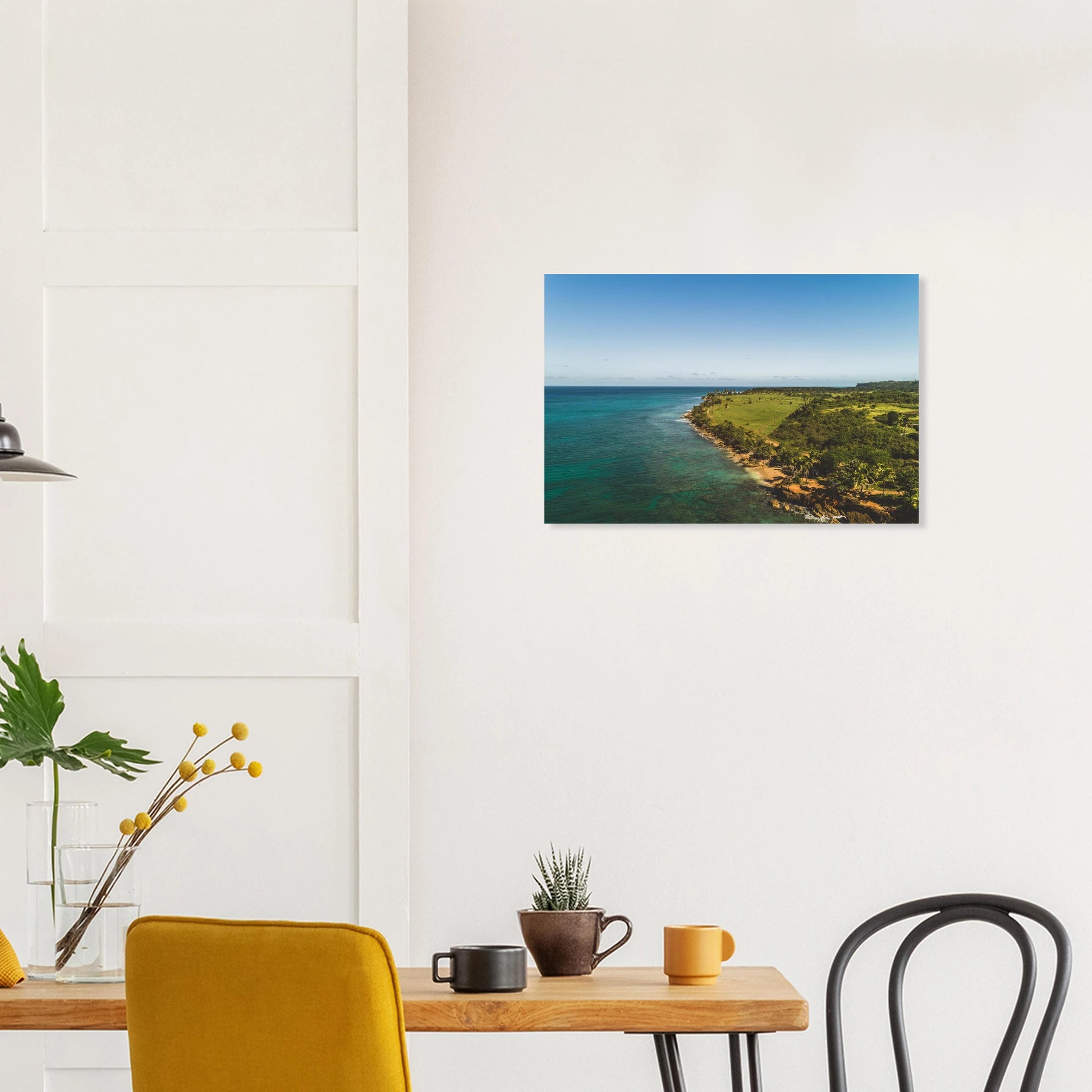 Peña Blanca fine art print — bedroom wall mockup, drone photography Aguadilla northwest coast PR.