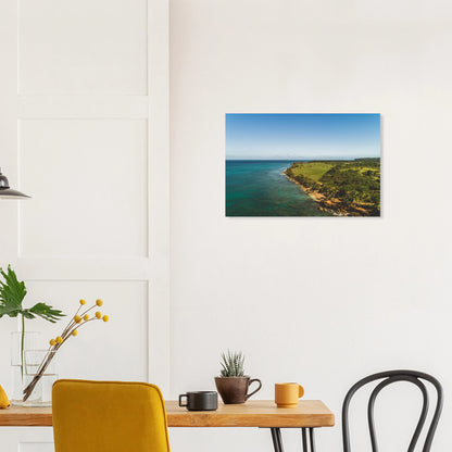 Peña Blanca fine art print — bedroom wall mockup, drone photography Aguadilla northwest coast PR.