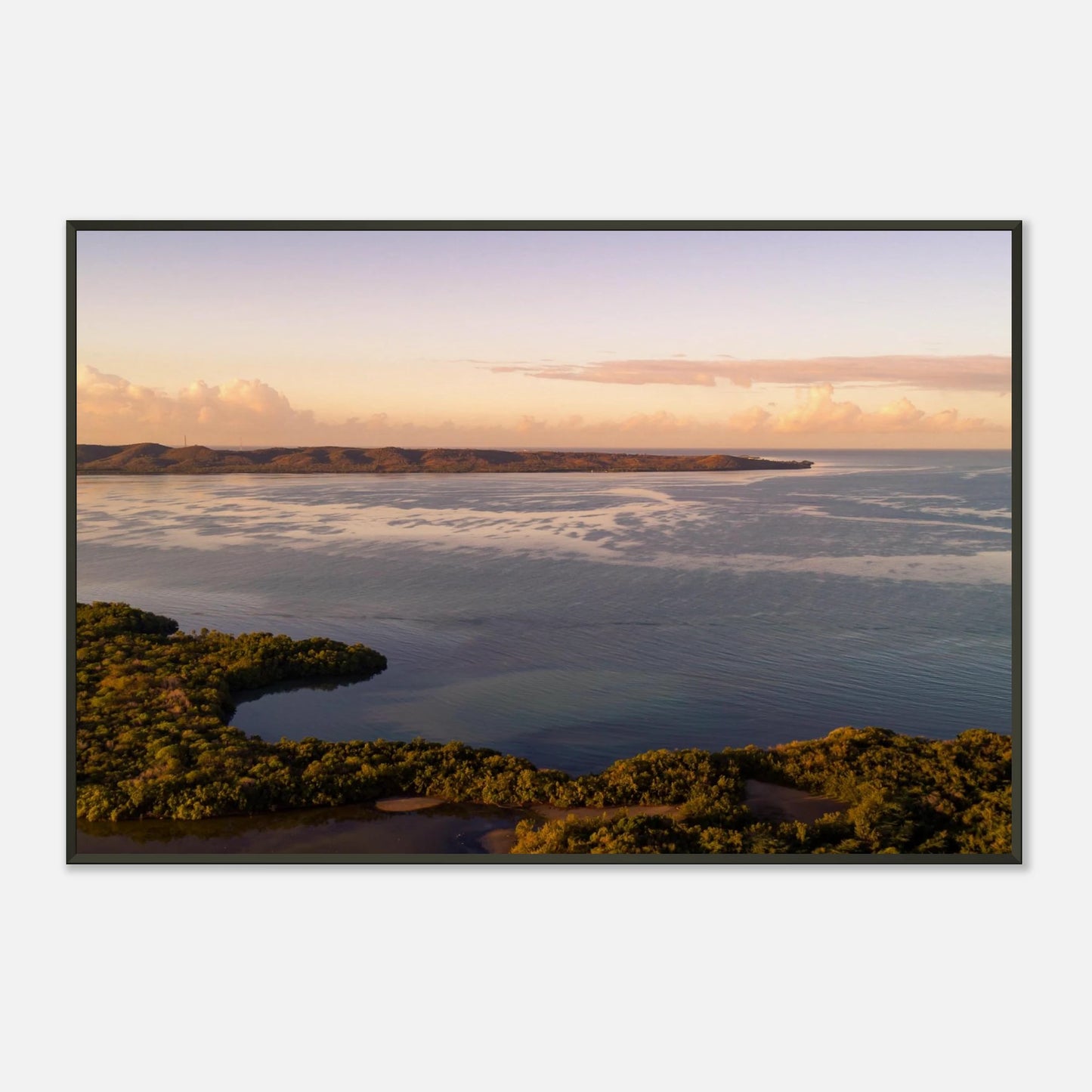 Still Waters fine art print — office wall mockup, aerial wetlands Cabo Rojo Puerto Rico.