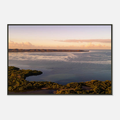 Still Waters fine art print — office wall mockup, aerial wetlands Cabo Rojo Puerto Rico.