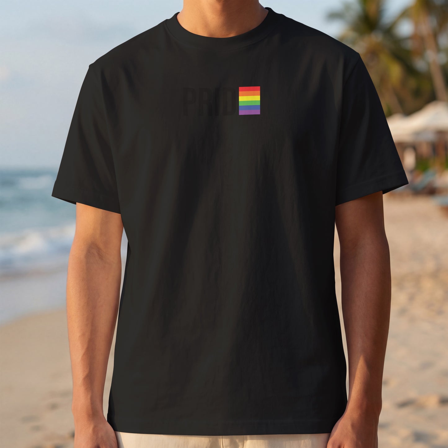 PRIDE Boricua – Man Wearing LGBTQ Rainbow Tee on Puerto Rico Beach | amedinaphotos
