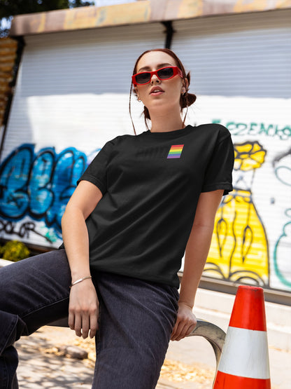 PRIDE Boricua Black Comfort Colors T-Shirt on Wooden Hanger – LGBTQ Rainbow Puerto Rico
