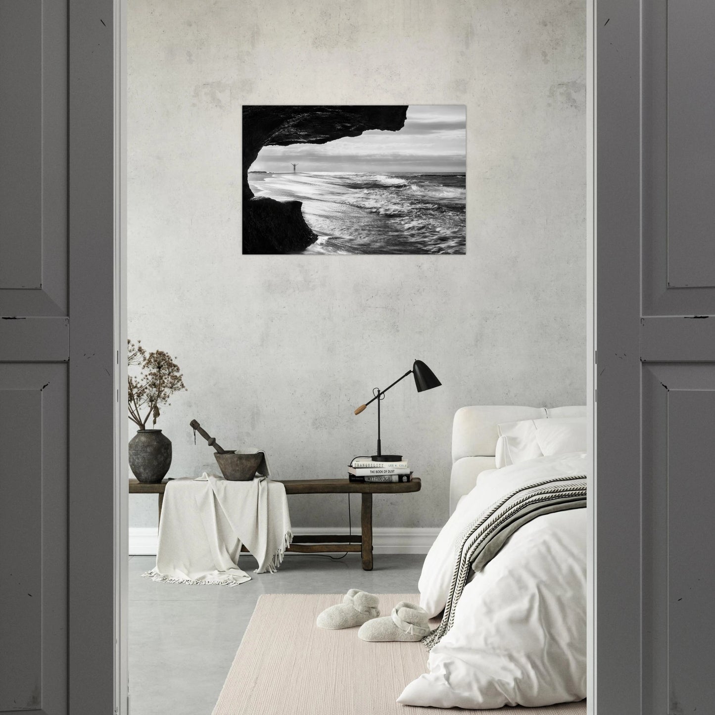 Libre monochrome fine art print — hallway vertical mockup, sea cave long exposure Puerto Rico.