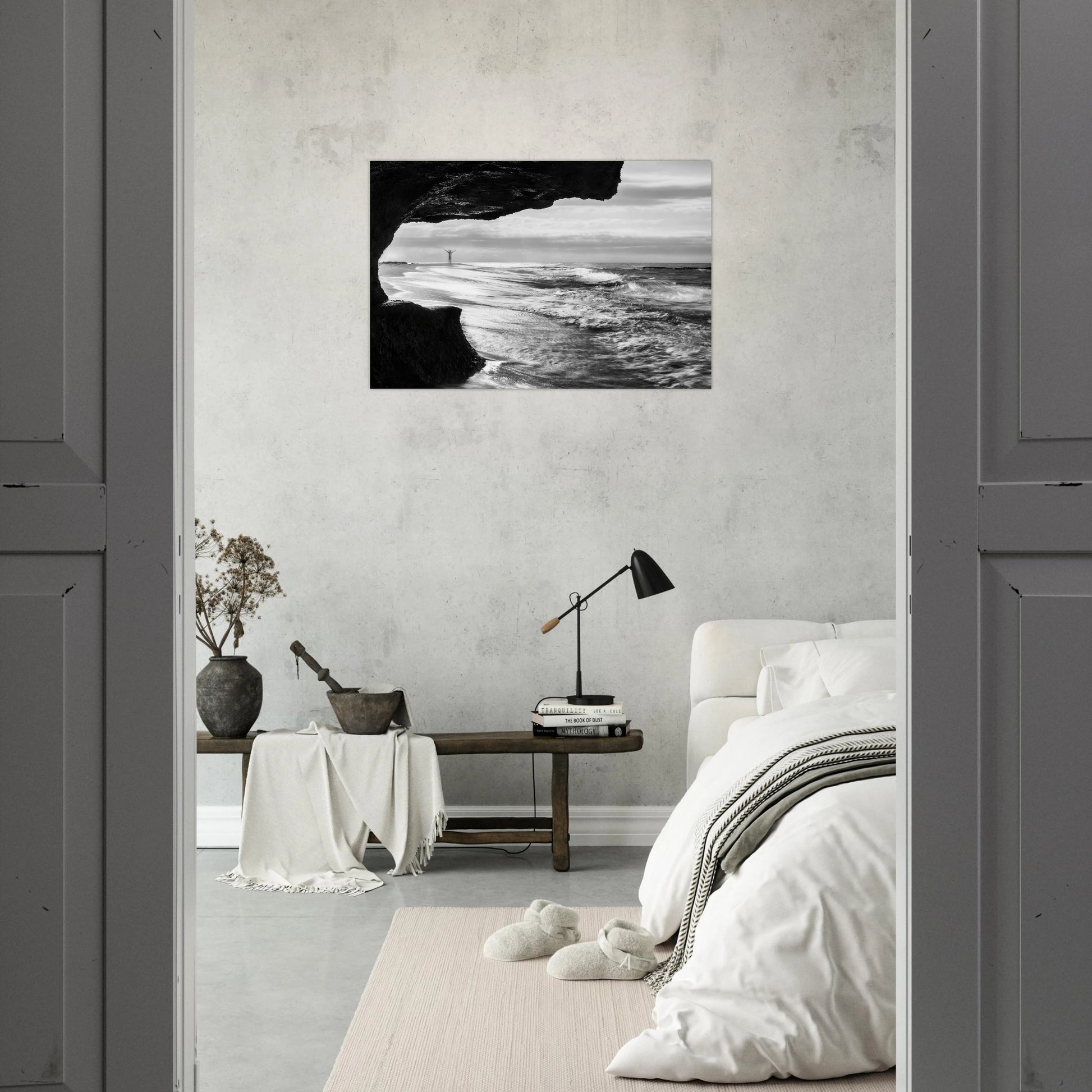 Libre monochrome fine art print — hallway vertical mockup, sea cave long exposure Puerto Rico.