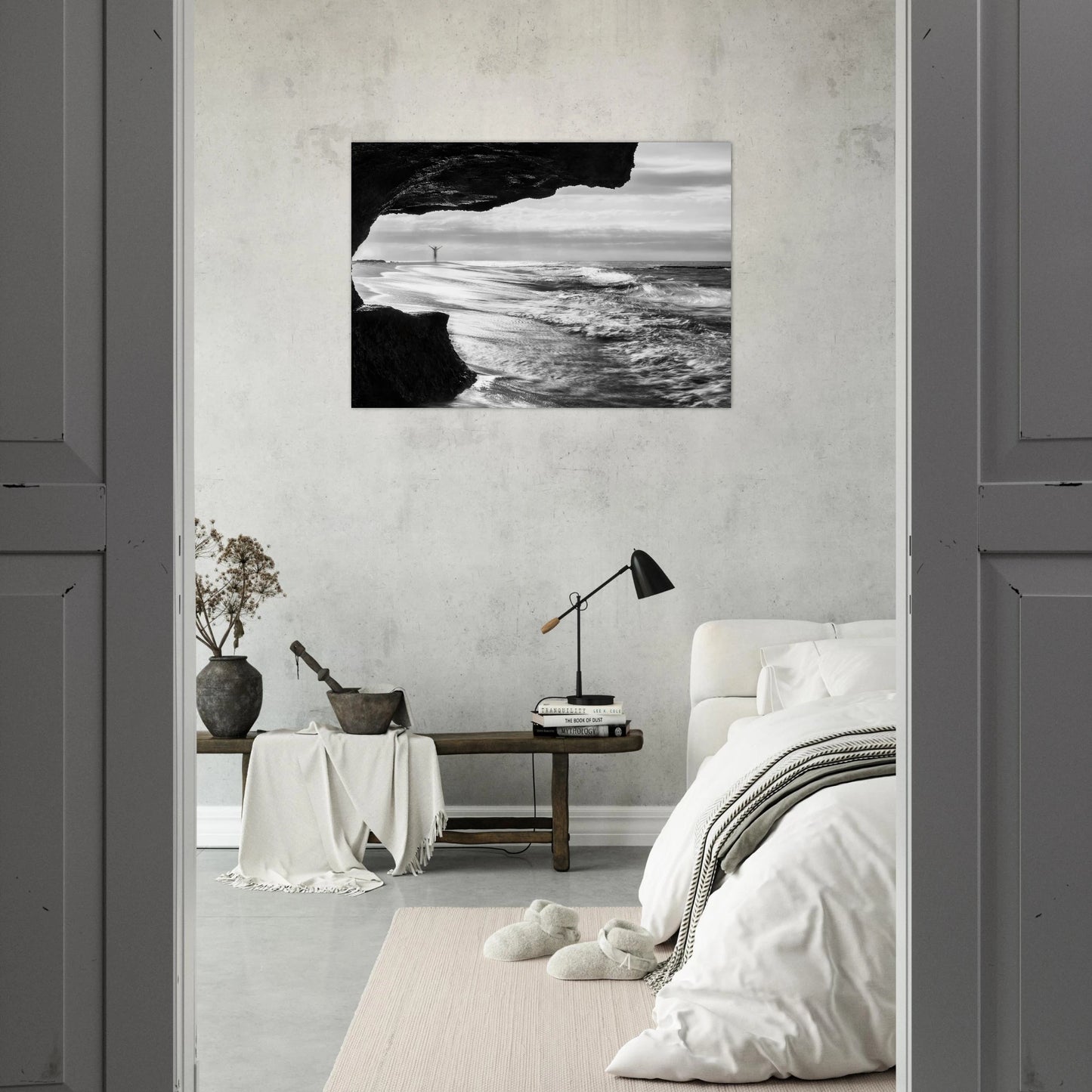 Libre monochrome print — Aluminum Print mockup, vivid B&W contrast, sea cave Aguadilla Puerto Rico.