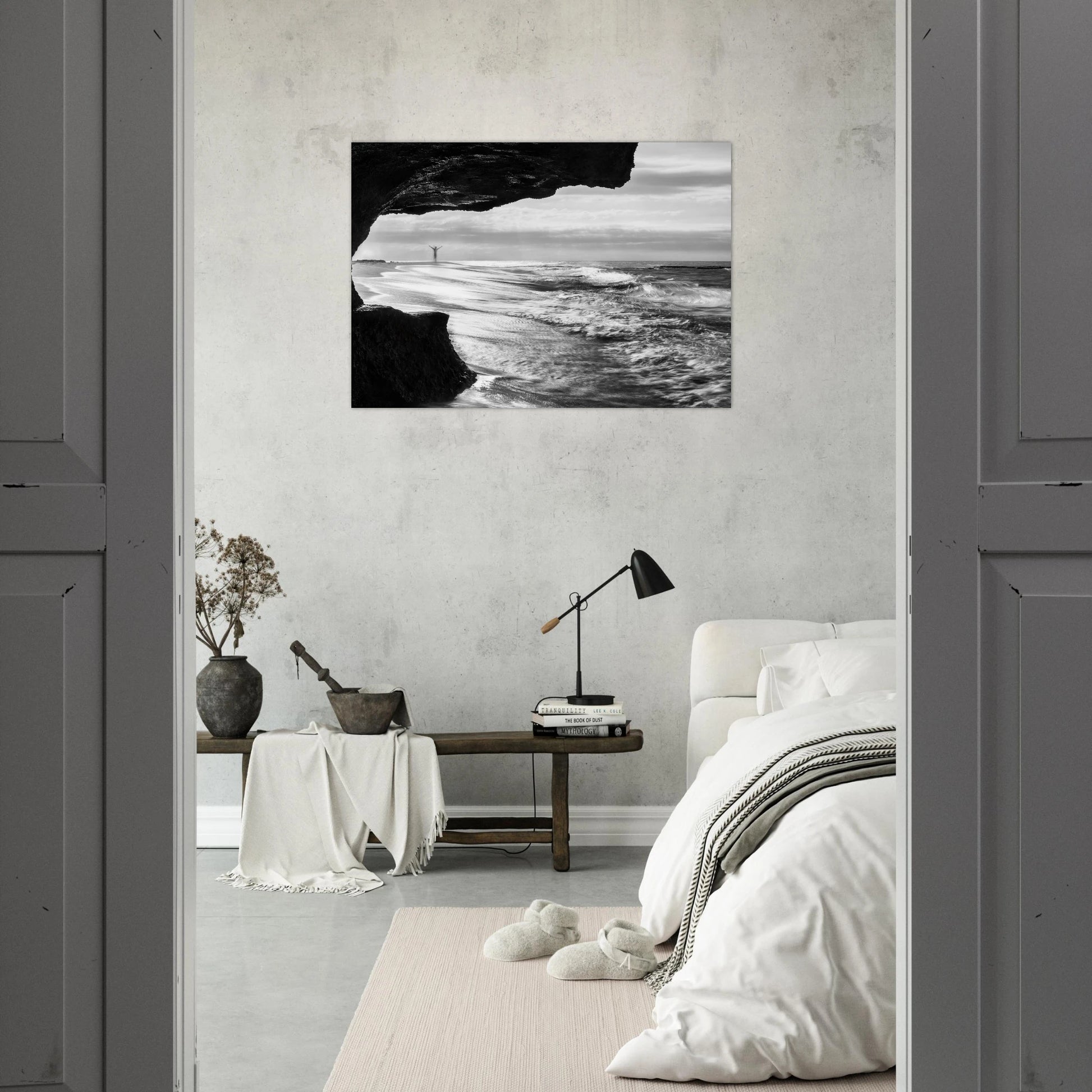 Libre monochrome print — Aluminum Print mockup, vivid B&W contrast, sea cave Aguadilla Puerto Rico.