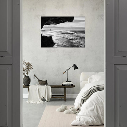 Libre monochrome print — Aluminum Print mockup, vivid B&W contrast, sea cave Aguadilla Puerto Rico.