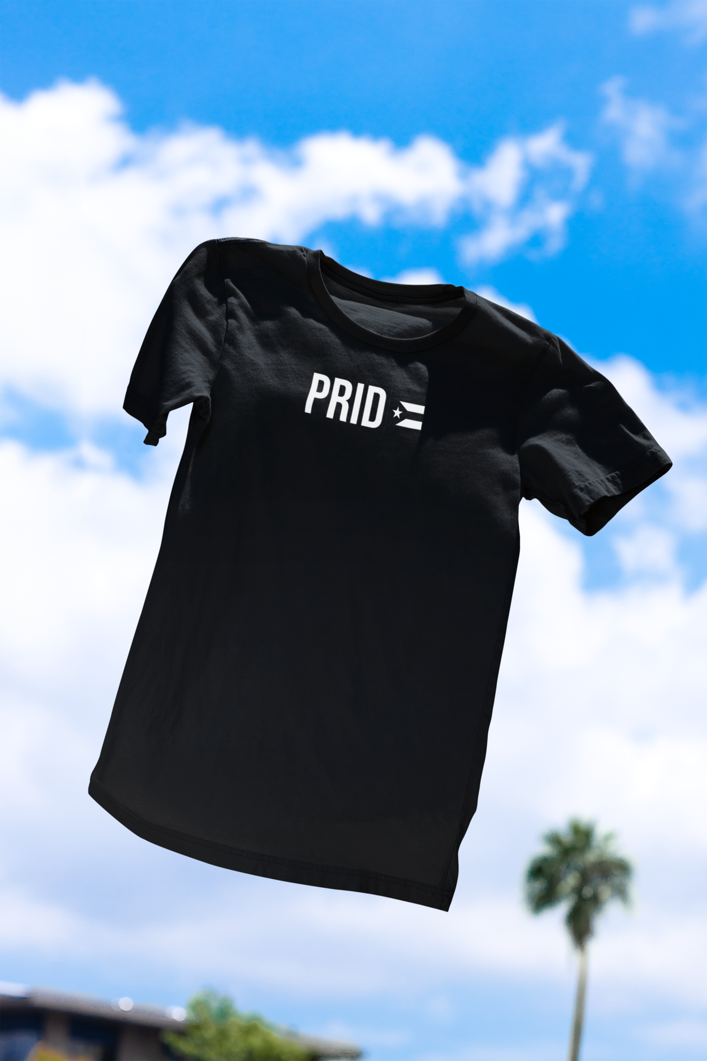 PRIDE Boricua La Resistencia black t-shirt with the black-and-white Puerto Rican resistance flag forming the letter E, floating against a Caribbean sky — LGBTQ+ Boricua queer pride streetwear by Abimael Medina.