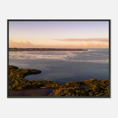 Still Waters print — living room sofa wall mockup, large format aerial print Cabo Rojo Puerto Rico.