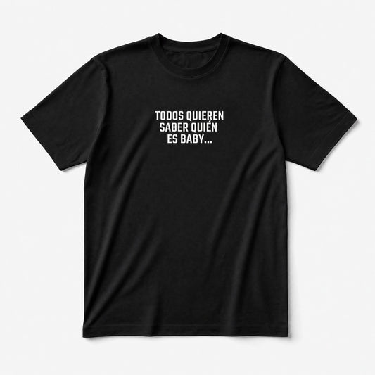 Black t-shirt with white text on a white background