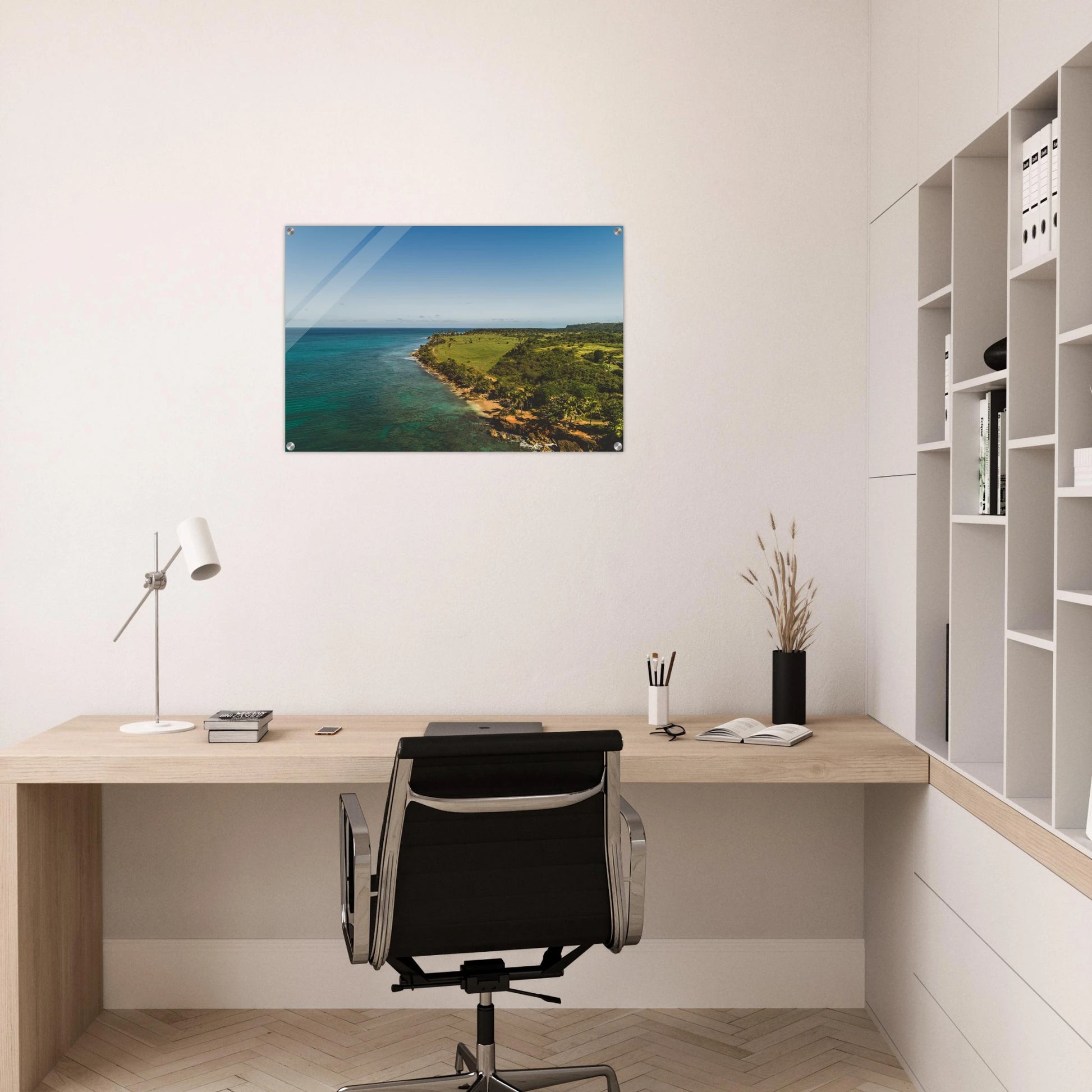 Peña Blanca fine art print — gallery wall mockup, aerial drone photography Aguadilla Puerto Rico.