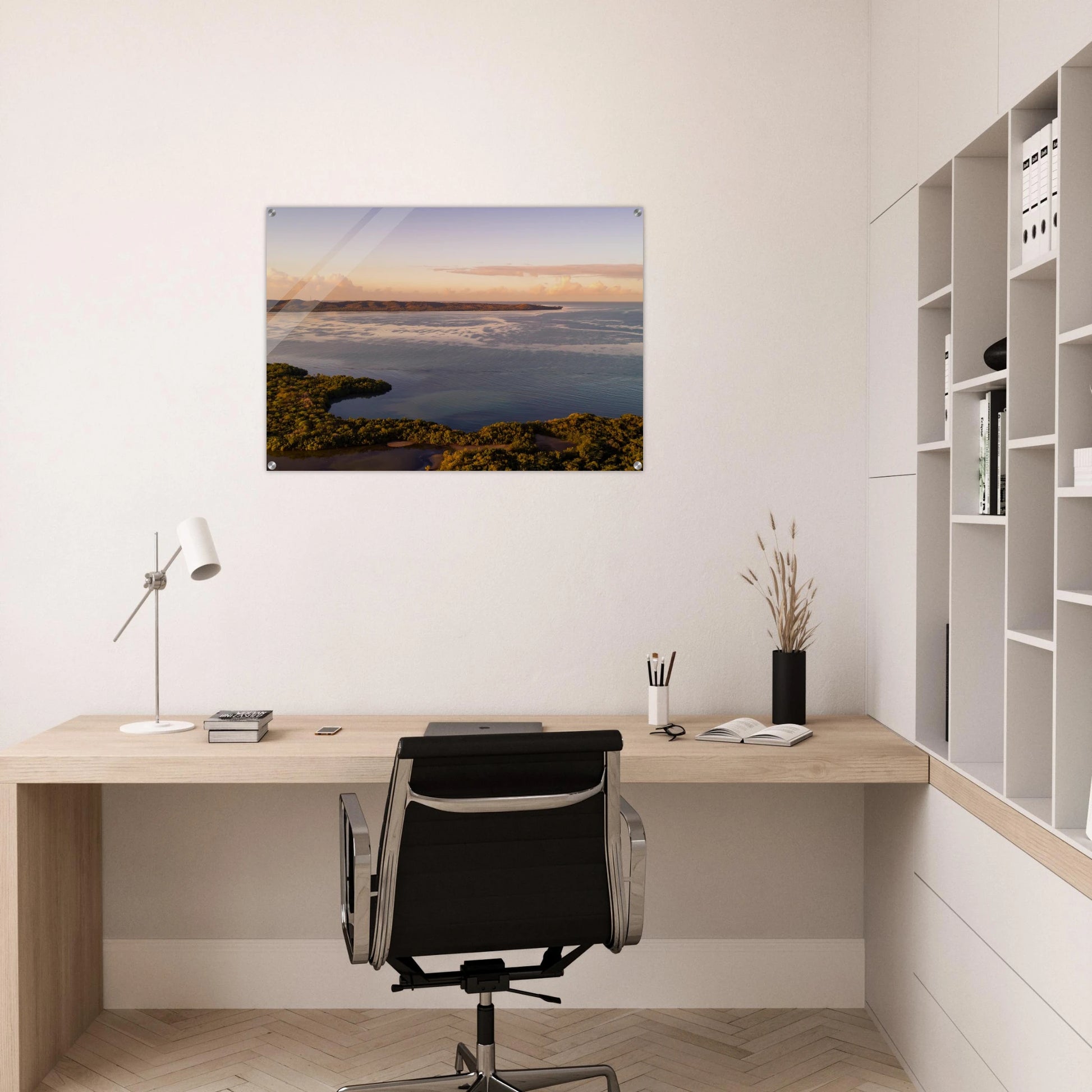 Still Waters aerial mangroves print — minimalist living room mockup, Cabo Rojo Puerto Rico.