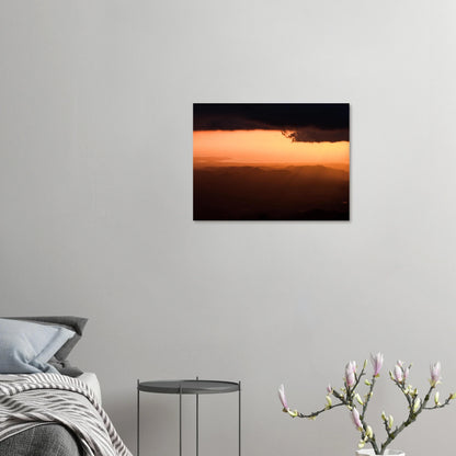 Where Maricao Meets the Sky print — bedroom wall mockup, golden hour aerial Maricao Puerto Rico.