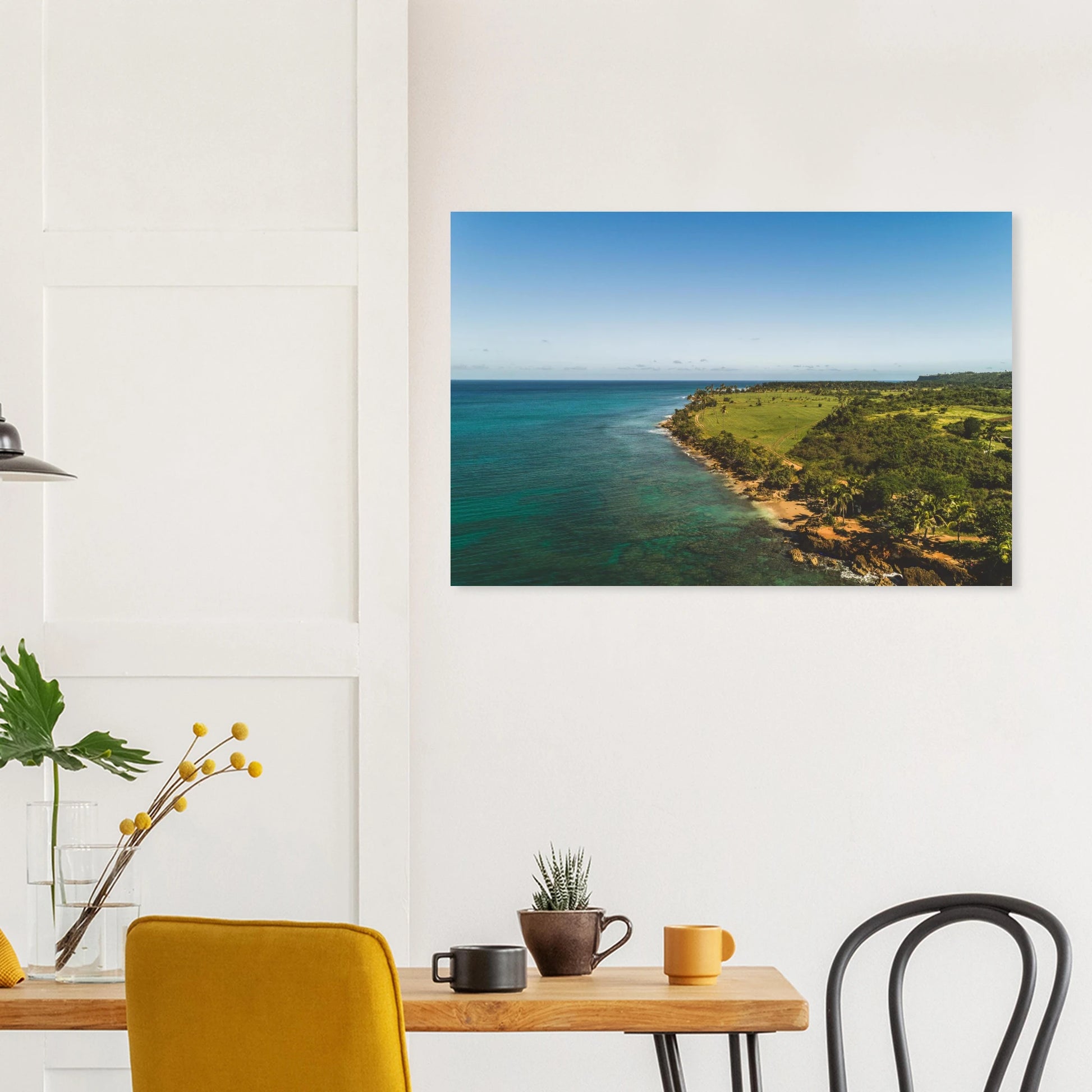 Peña Blanca aerial print — Aluminum Print mockup, modern interior wall, Aguadilla northwest coast PR.
