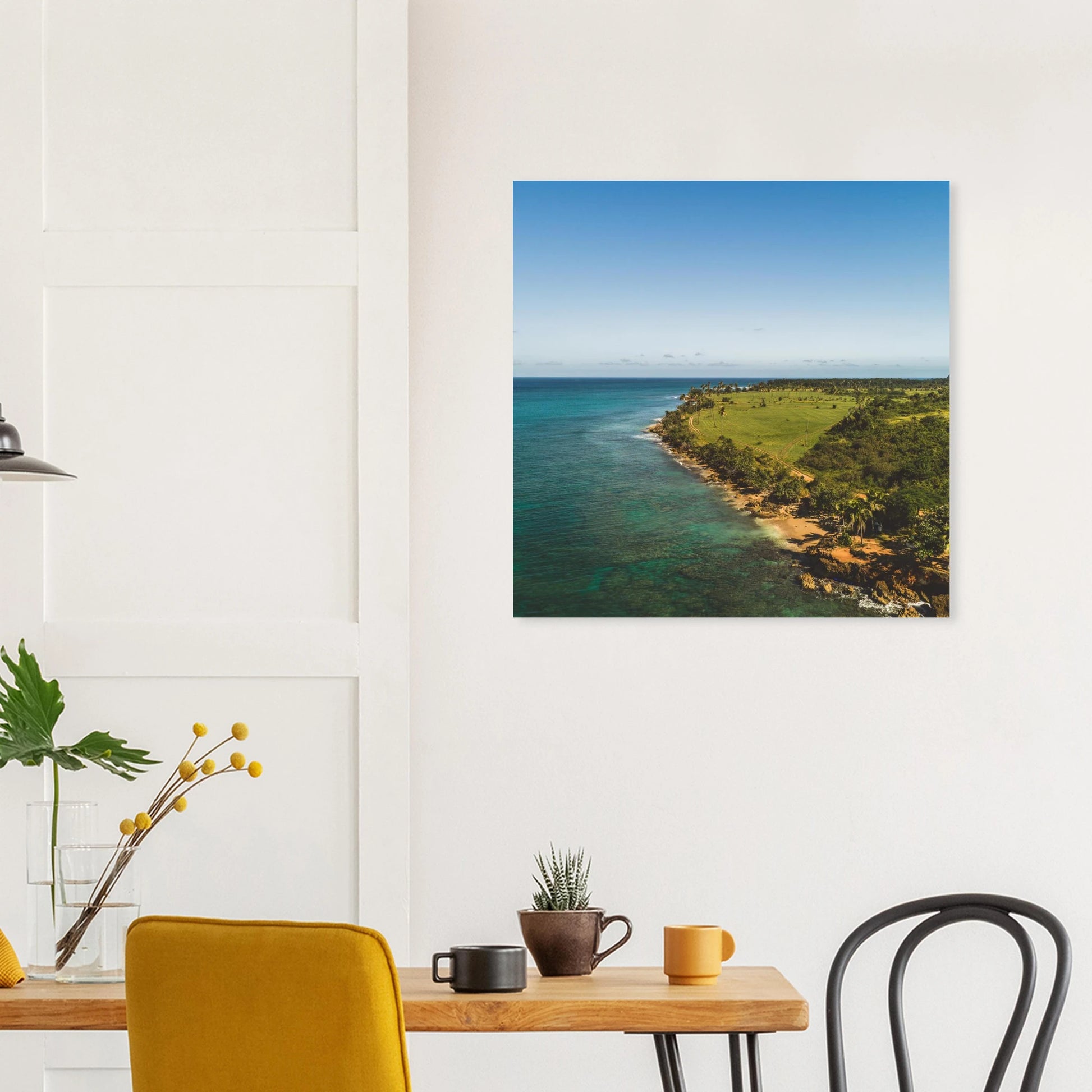 Peña Blanca fine art print — Acrylic Print mockup, gallery glow, turquoise Caribbean cliffs Puerto Rico.