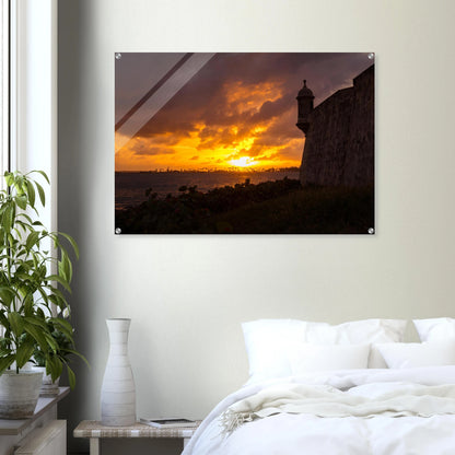 Fiery Sunset at la Garita — Aluminum Print mockup, modern interior wall, garita Old San Juan Puerto Rico.