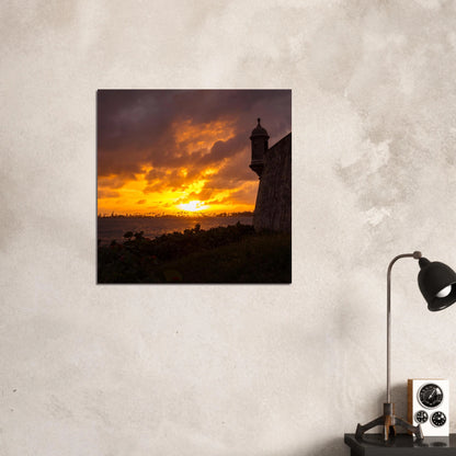 Fiery Sunset at la Garita print — bedroom wall mockup, historic garita sunset Viejo San Juan PR.