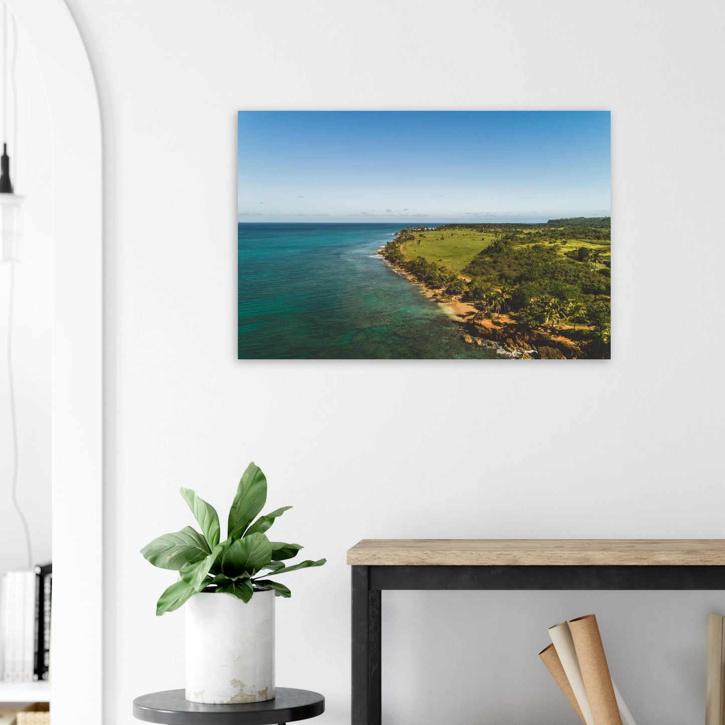 Peña Blanca print — living room sofa mockup, large format aerial Caribbean coast Aguadilla PR.